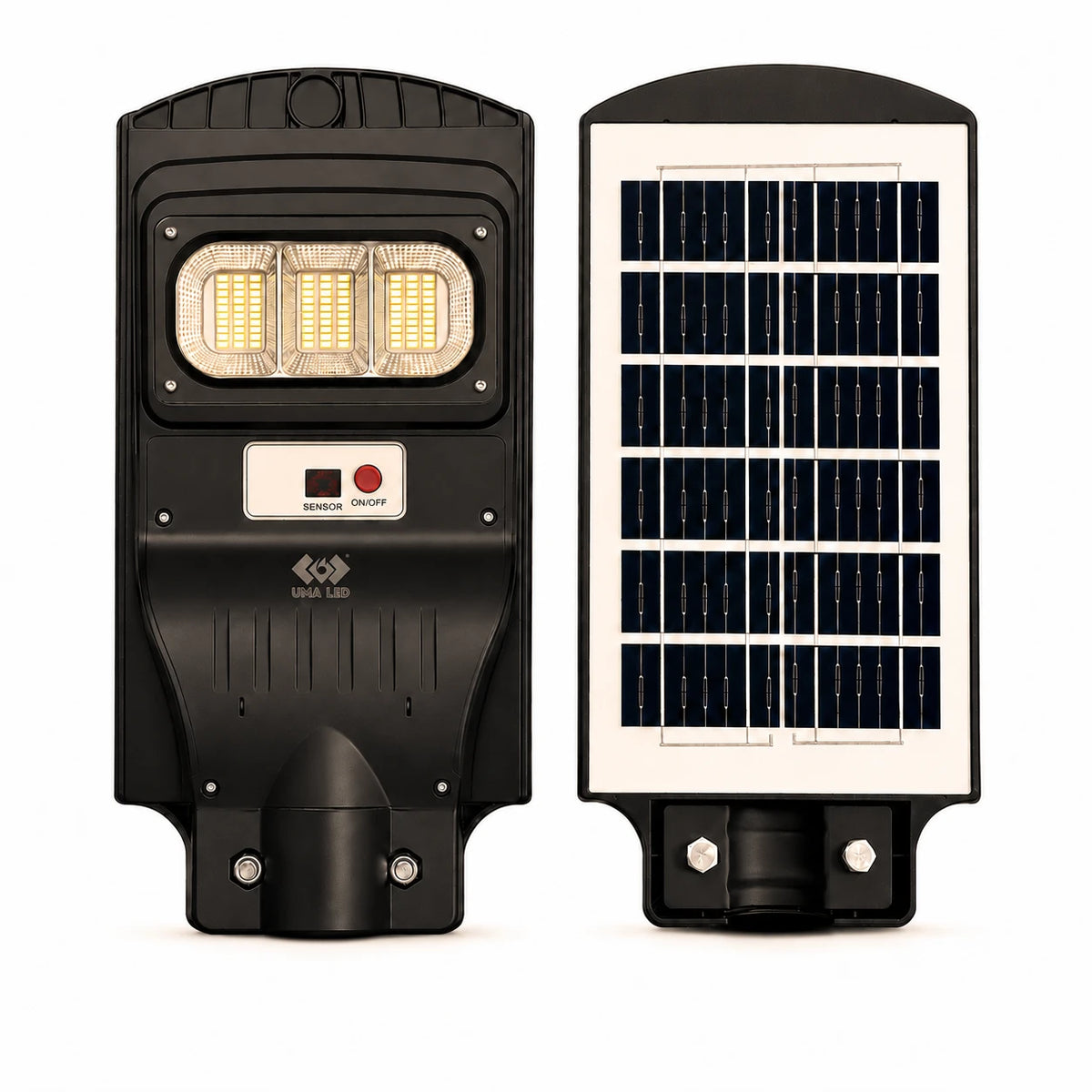 Two views of a black solar-powered LED street light on a white background, showing the front with integrated LED chips and the side with the solar panel.