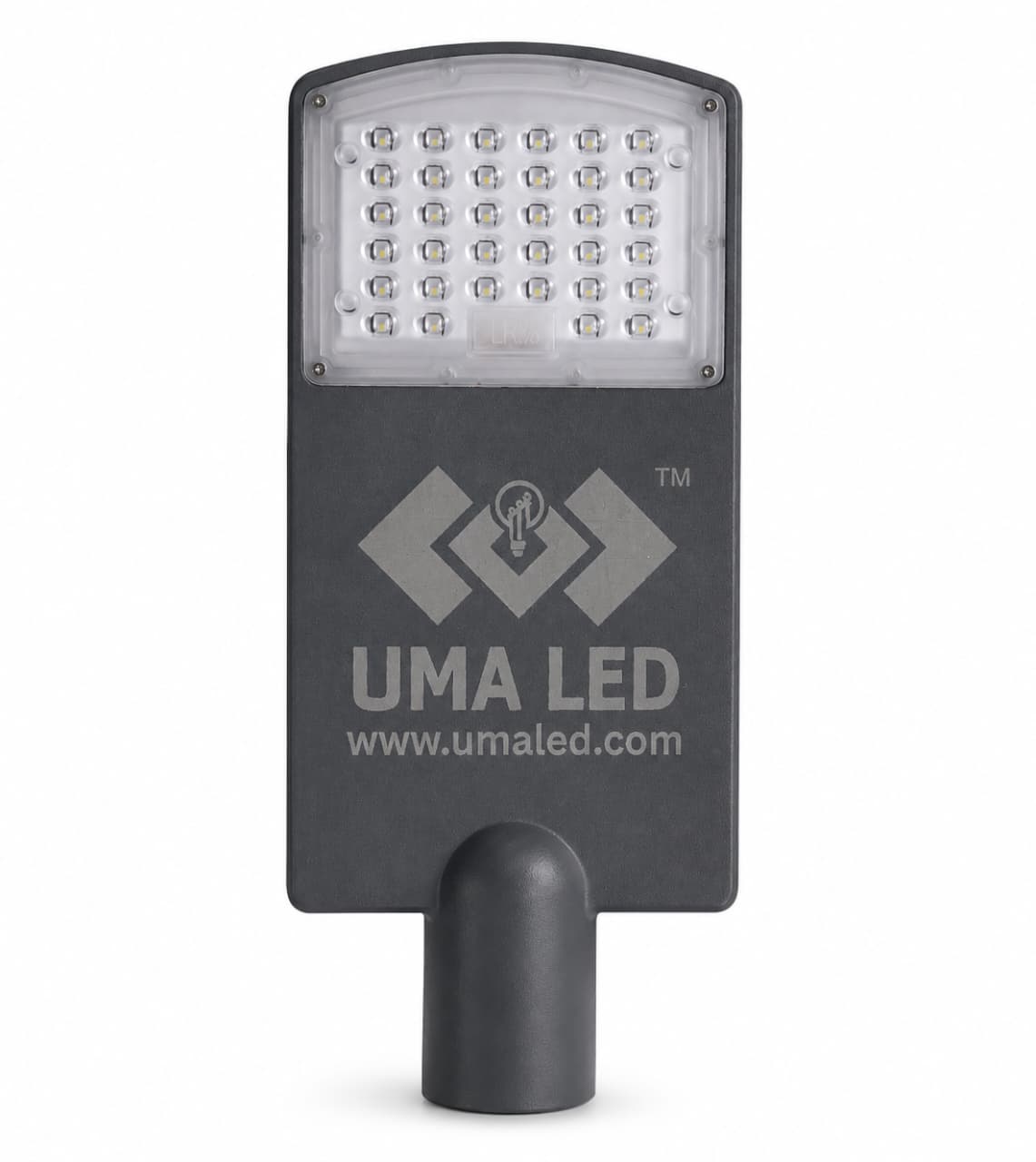 A dark gray rectangular LED street light with a curved top and a dome-shaped base, featuring the UMA LED logo and website printed on the front, set against a plain white background.