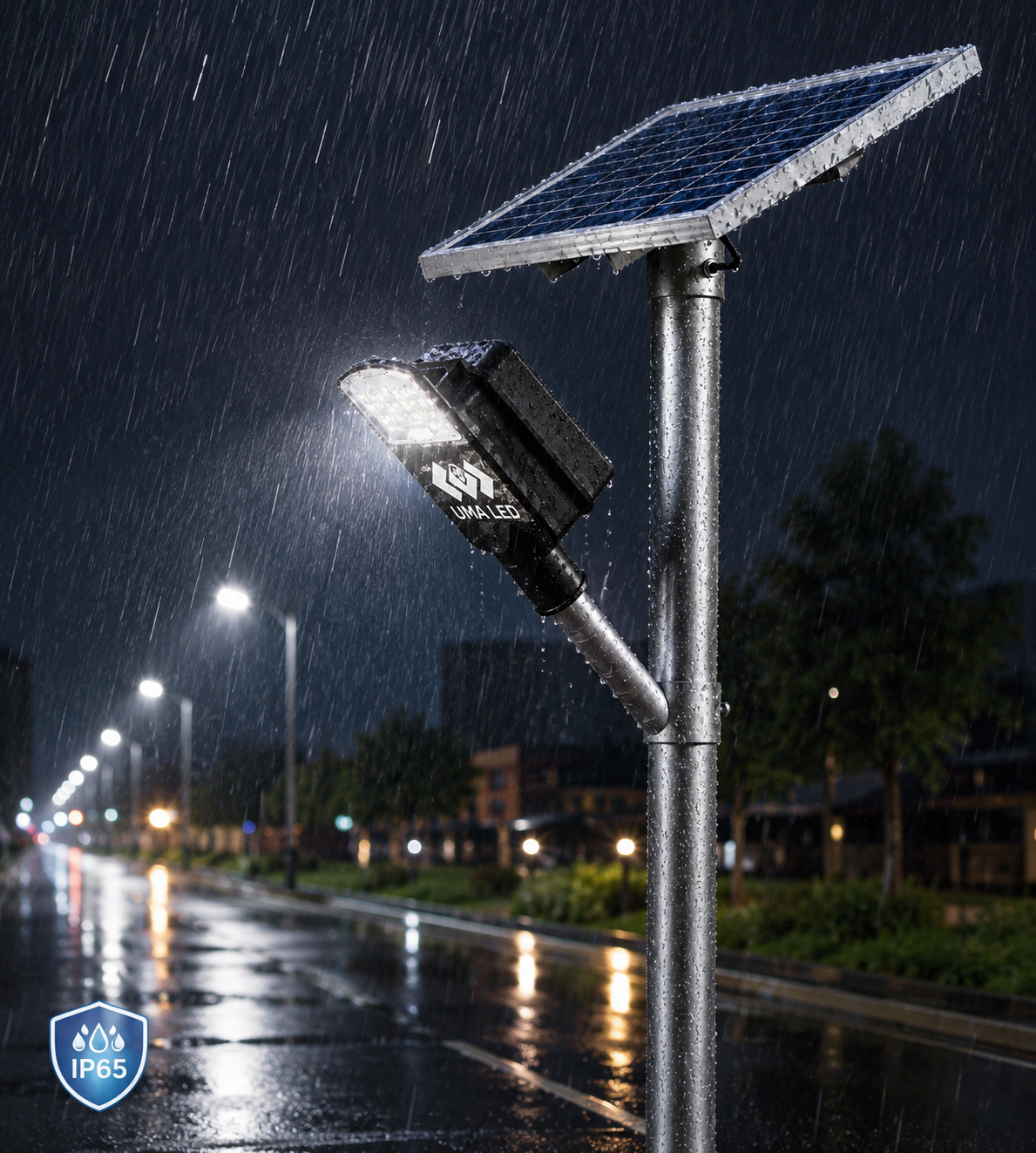 A solar-powered street light with an integrated LED lamp and a tilted solar panel, shown outdoors on a wet road at night during heavy rain. The product is mounted on a silver pole, with blurred streetlights and trees in the background.