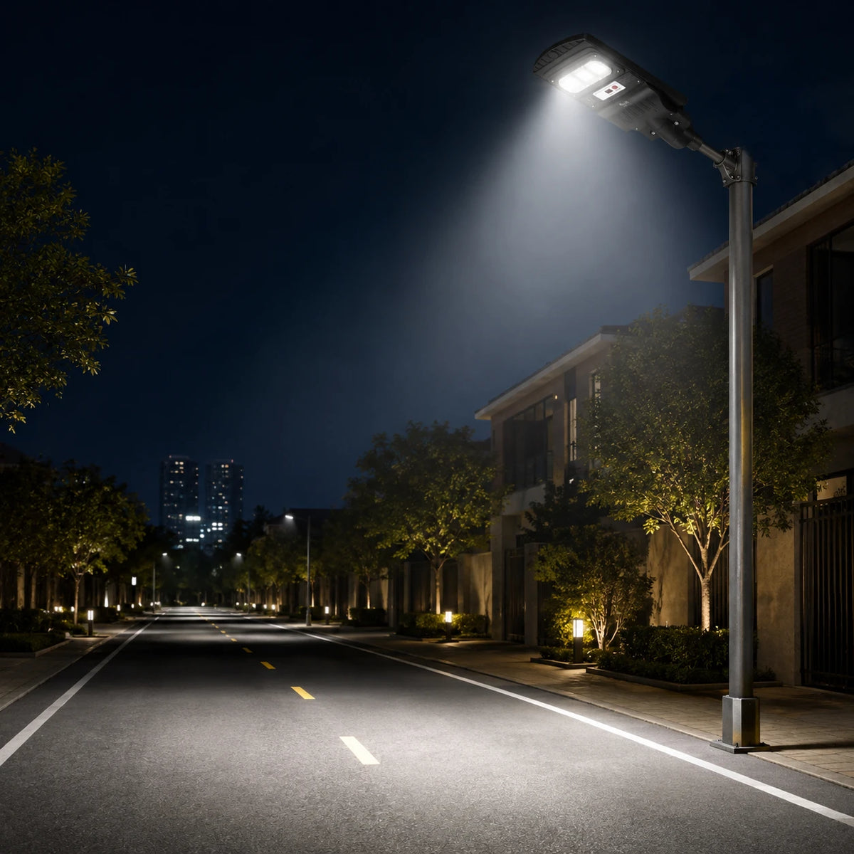 A modern outdoor LED street light mounted on a tall pole, casting a bright beam of light down a quiet residential street at night. The scene includes houses, trees, and small ground lights along the road.
