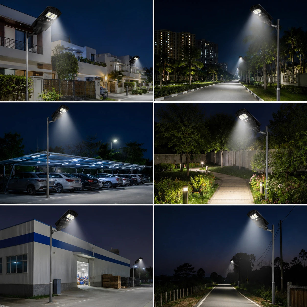 Six-panel collage showing solar pathway and street light posts in use at night, illuminating residential streets, parking structures, walkways, a building entrance, and a rural path.