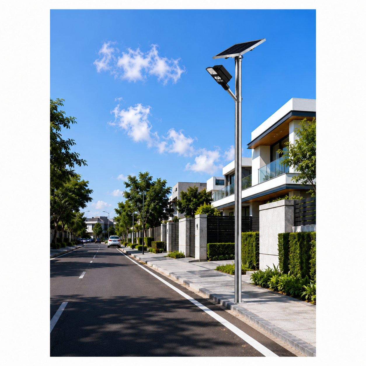 A modern solar-powered street light with a dual-head lamp and a rectangular solar panel on a tall pole, situated on a sunny suburban sidewalk next to contemporary houses and trees under a blue sky.