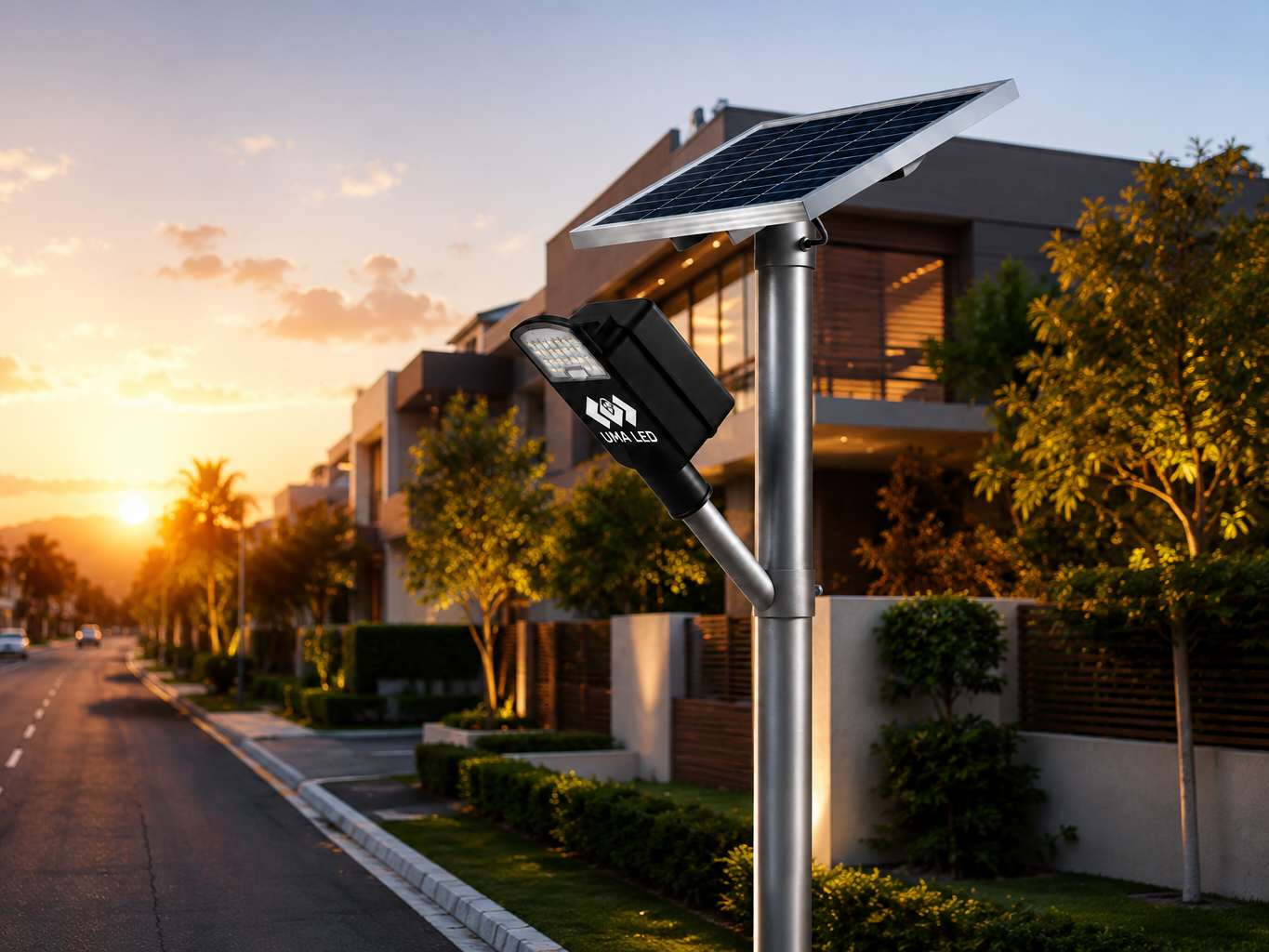 A solar-powered street light with a black LED housing and a silver metal pole topped with a rectangular solar panel, shown outdoors on a suburban street at sunset.