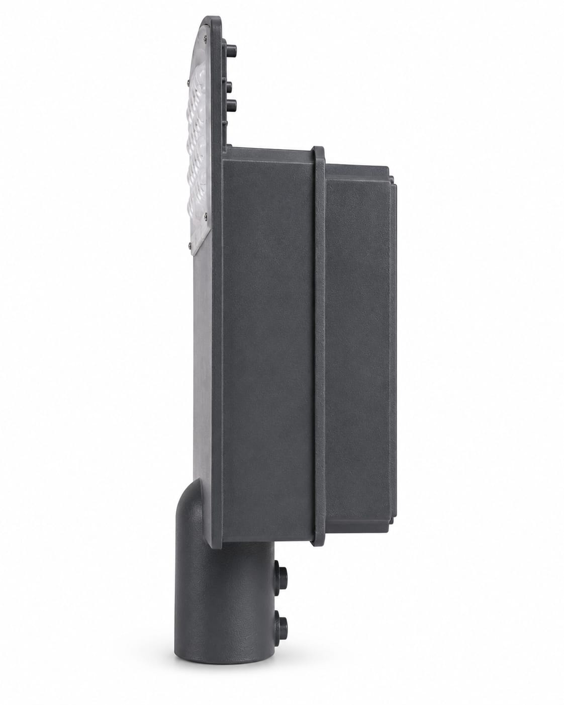 A dark gray outdoor wall-mounted light fixture with a cylindrical base and a rectangular housing, shown in a side profile view against a white background.