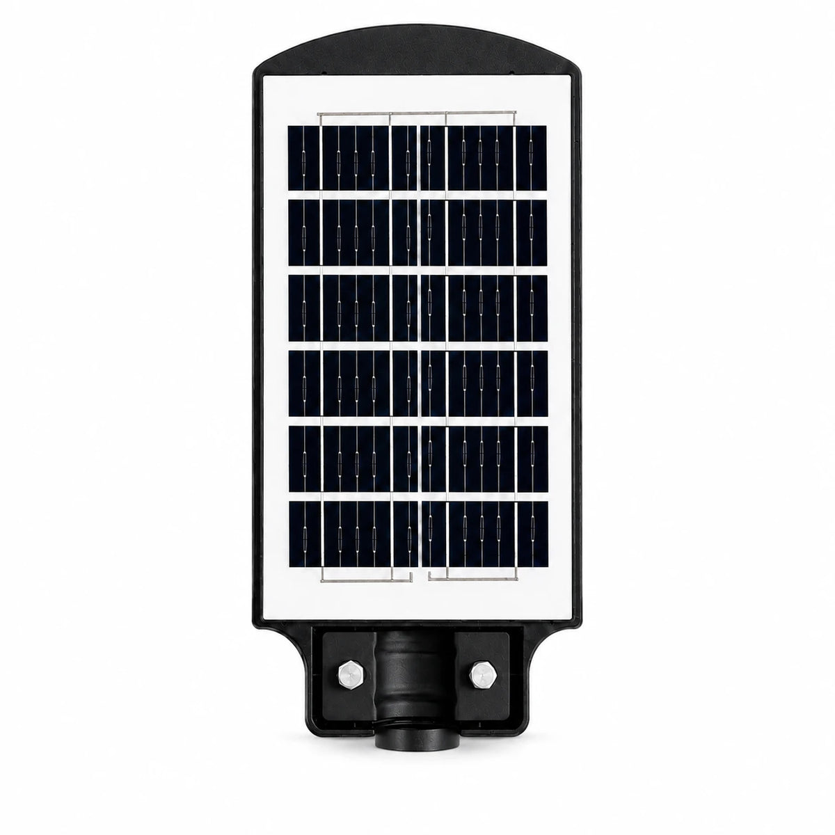 A solar-powered LED street light with a black housing, featuring a large rectangular solar panel on the front and a mounting base at the bottom, shown against a plain white background.