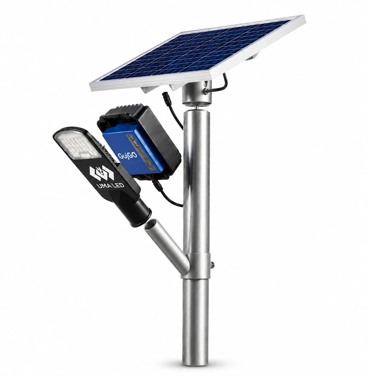 Solar-powered outdoor light and charger kit on a silver pole, featuring a black and blue GaAs solar panel, a black and blue battery, and a black UWALED street light, isolated on a white background.