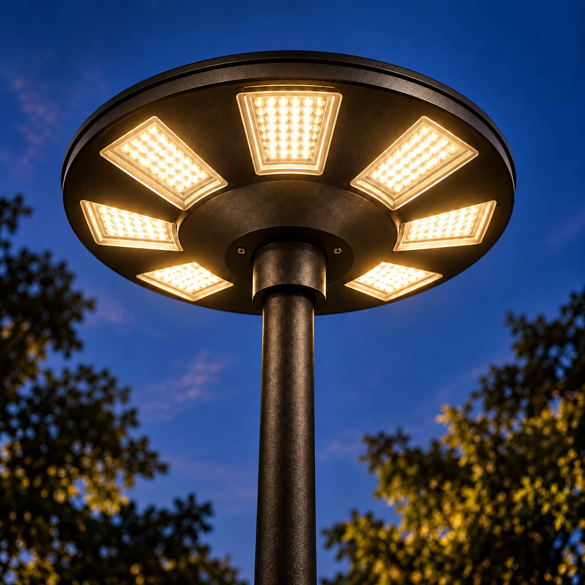 A modern outdoor LED bollard light with a circular canopy and six illuminated panels, mounted on a dark pole against a twilight blue sky with trees in the background.