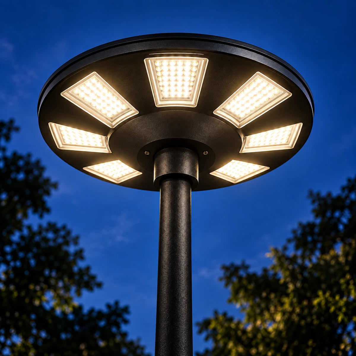A modern black LED outdoor street light with multiple illuminated square panels in a circular arrangement, mounted on a tall pole against a deep blue evening sky with blurred trees in the background.