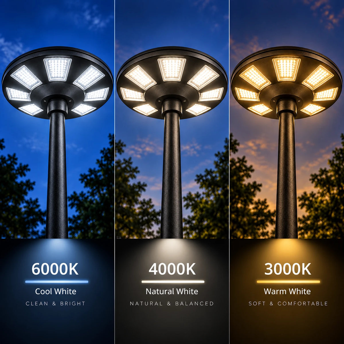 Three outdoor LED bollard light posts shown side by side at dusk, each emitting different white light temperatures: 6000K cool white, 4000K natural white, and 3000K warm white. The posts are black with multiple bright rectangular LED panels in circular heads, set against a twilight sky with trees in the background.