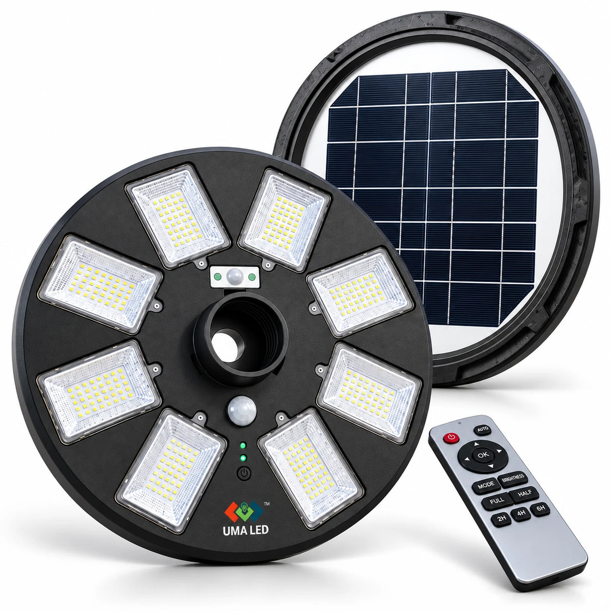 A circular solar-powered outdoor light with eight LED bulbs, shown alongside its separate solar panel and a remote control on a white background. The brand name UMA LED is visible on the light.