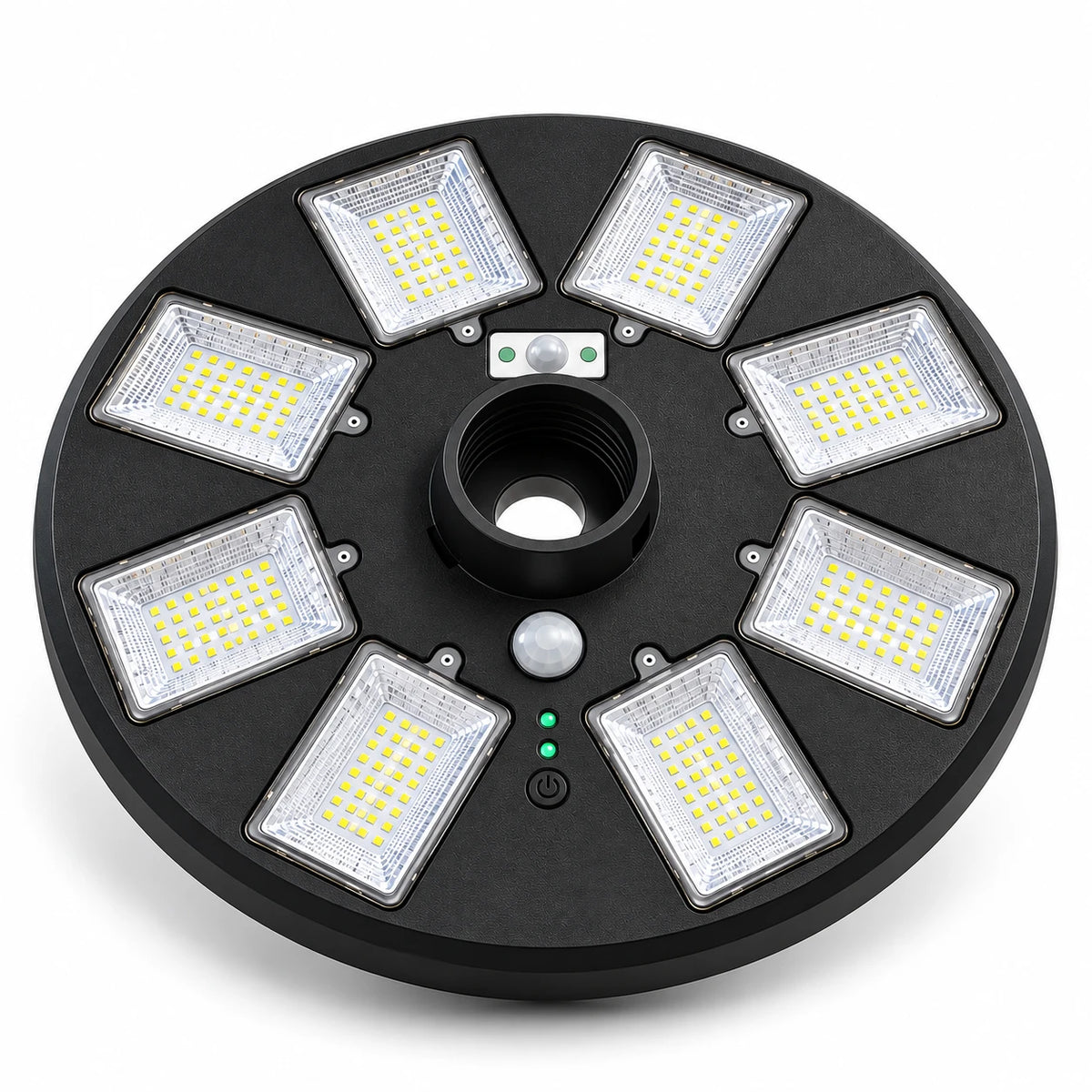 A circular black LED light fixture with eight rectangular LED panels arranged in a ring around a central mounting hole, shown on a white background.