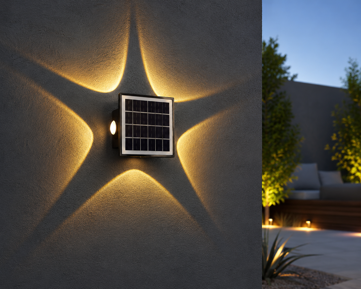 Solar-powered outdoor wall light fixture on a textured wall with garden and house in the background.