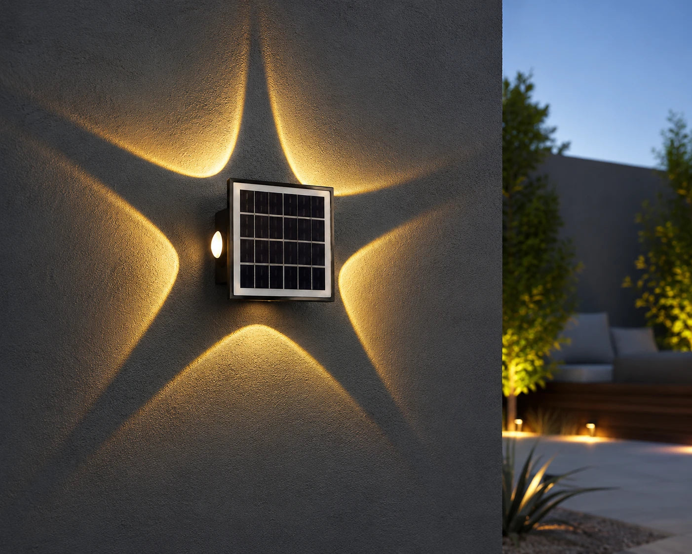 Solar-powered outdoor wall light fixture on a textured wall with garden and house in the background.
