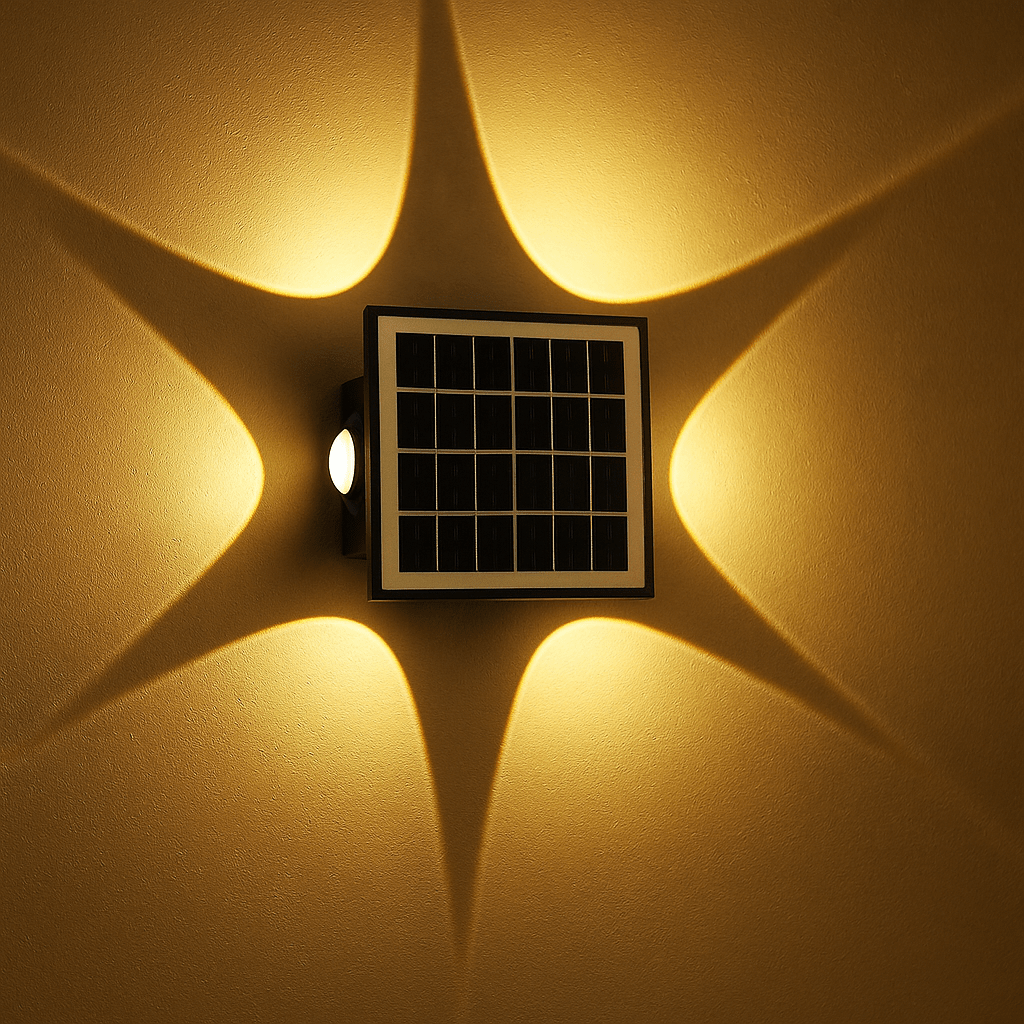 Solar panel light fixture casting shadows on a wall