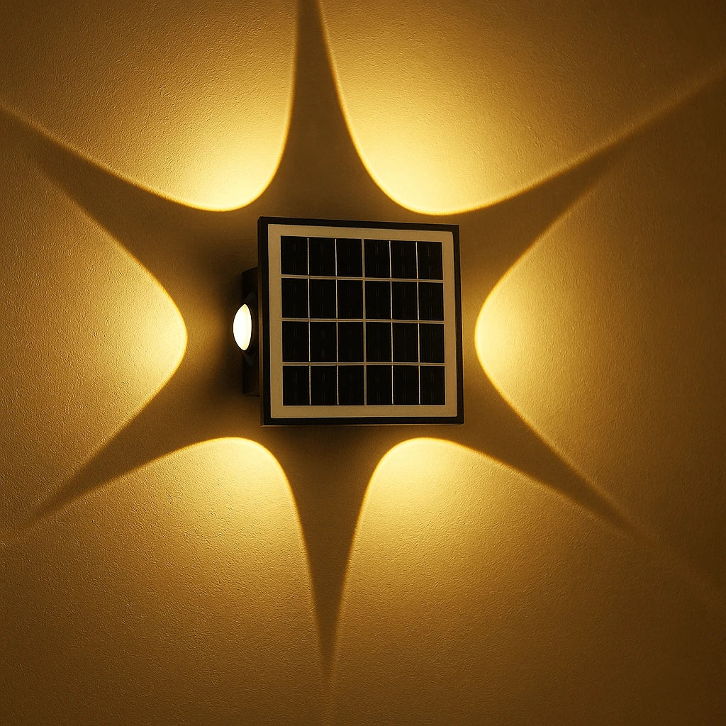 Solar panel light fixture casting shadows on a wall