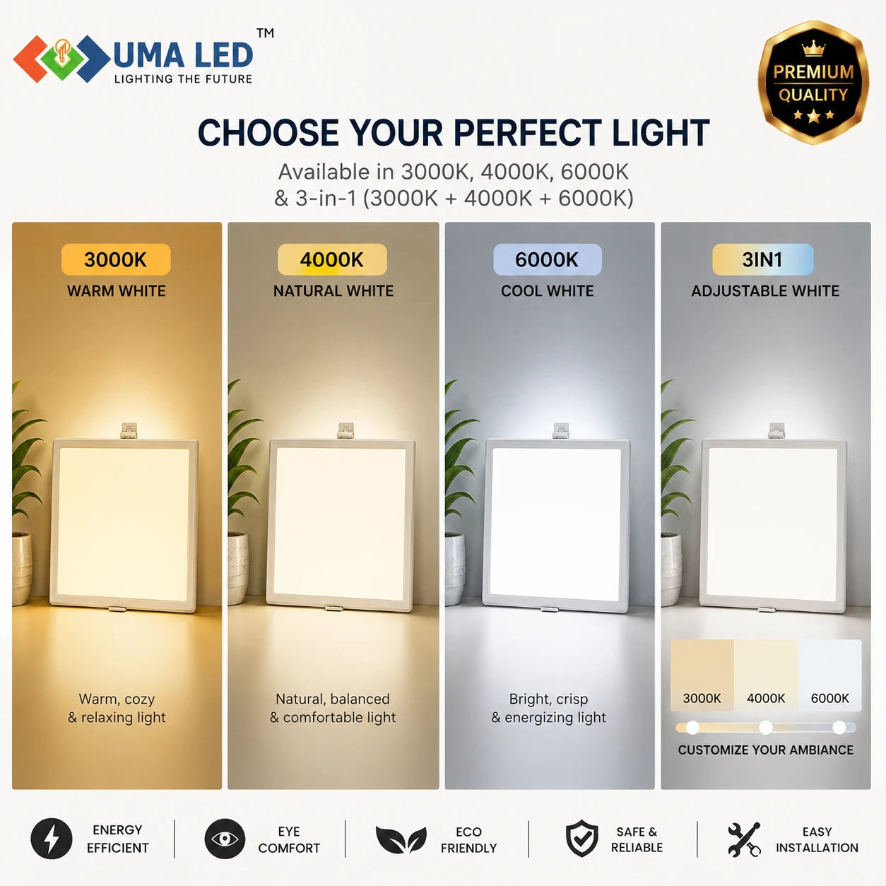 A promotional infographic for UMA LED showcasing four lighting color modes: 3000K Warm White, 4000K Natural White, 6000K Cool White, and a 3-in-1 adjustable white mode. Each panel features a white square light panel with a glowing warm/cool light, accompanied by a small potted plant and descriptive text.