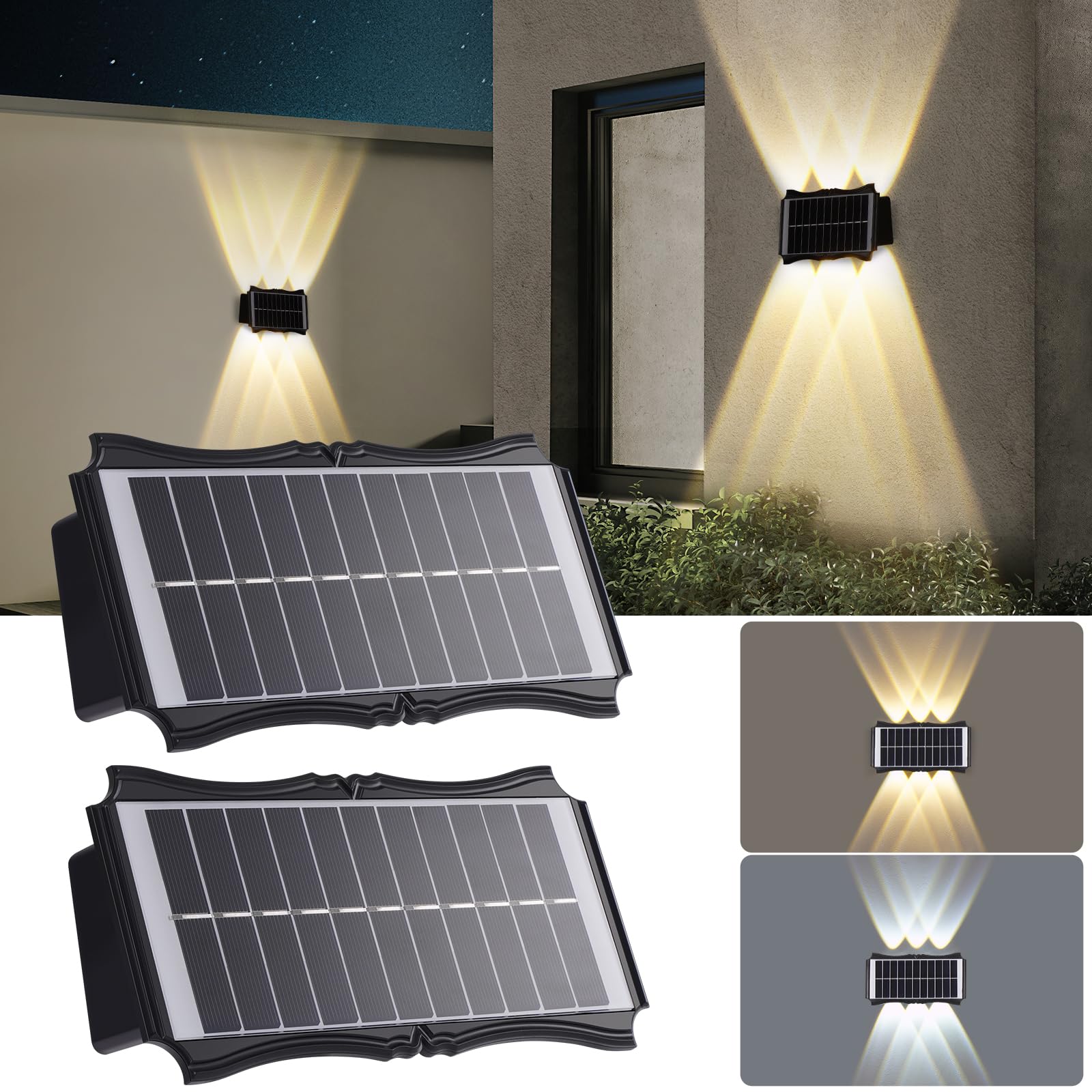 Solar wall lights with solar panel on a reflective surface