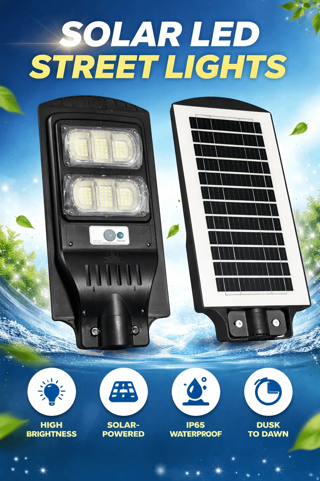 Solar LED street lights with solar panel on a blue background