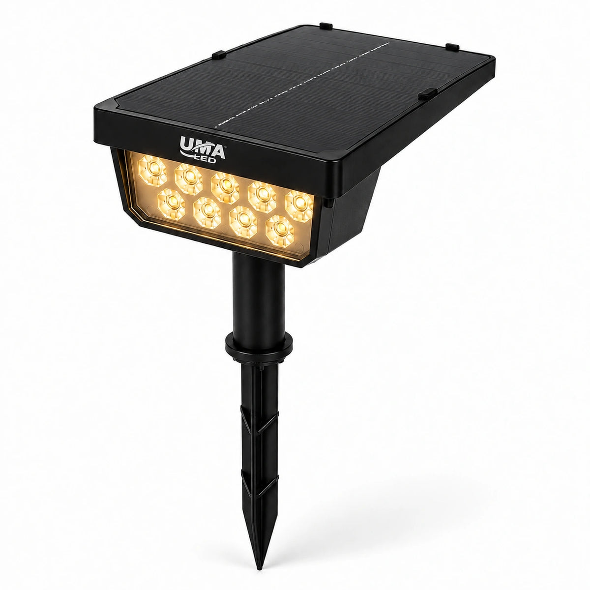 A black solar-powered LED landscape light with a stake, featuring a rectangular solar panel on top and multiple warm white LED bulbs visible on the front. The brand name 'UMA LED' is printed on the side.