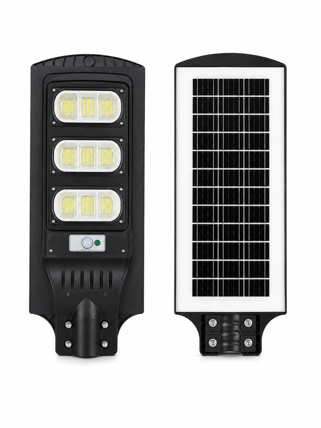 A solar-powered LED street light shown from two angles: one showing the front with three rows of LED chips and a motion sensor, and the other showing the back with a large black solar panel on a white backing.