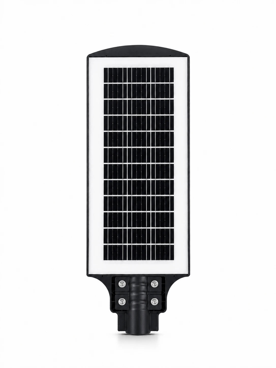 A solar-powered street light with a large black solar panel on a white rectangular housing, set against a solid white background.