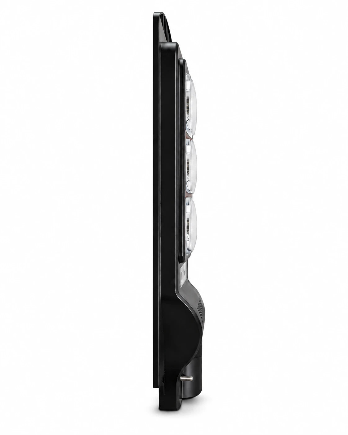 A side profile view of a black LED light bar with four clear lenses, shown against a plain white background.