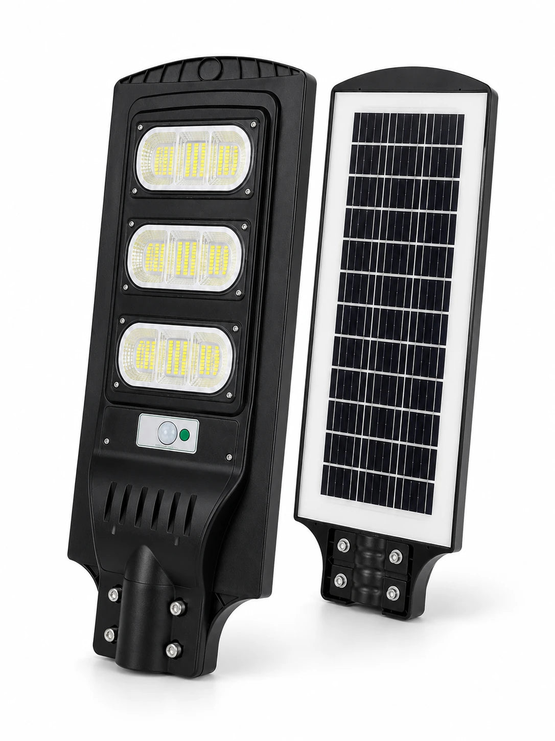 A black solar-powered LED street light shown from two angles: one showing the front with three illuminated LED panels and a small green indicator light, and the other showing the side with an integrated rectangular solar panel on a white background.