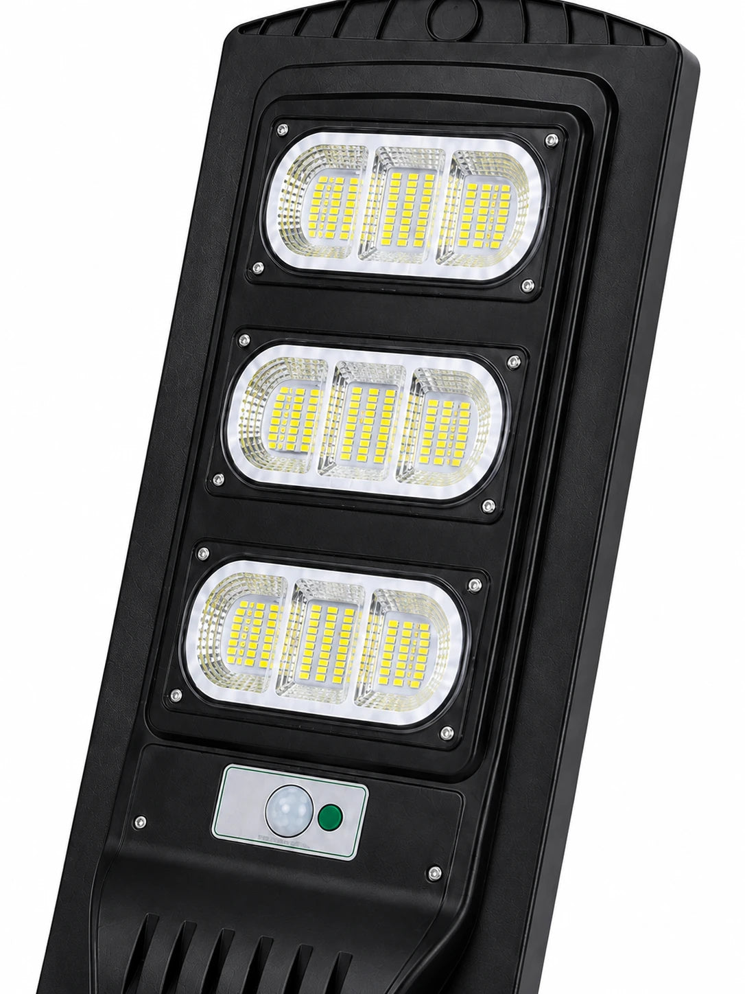 A black solar-powered LED street light with three illuminated light panels and a motion sensor, shown on a plain white background.