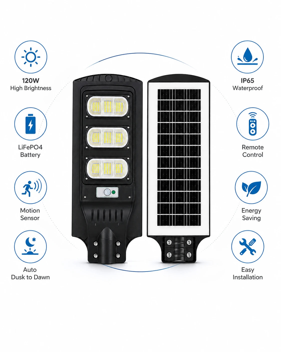 A solar-powered street light shown on a white background with feature icons around it. The product consists of a black light housing with three LED panels and a separate rectangular solar panel attached.
