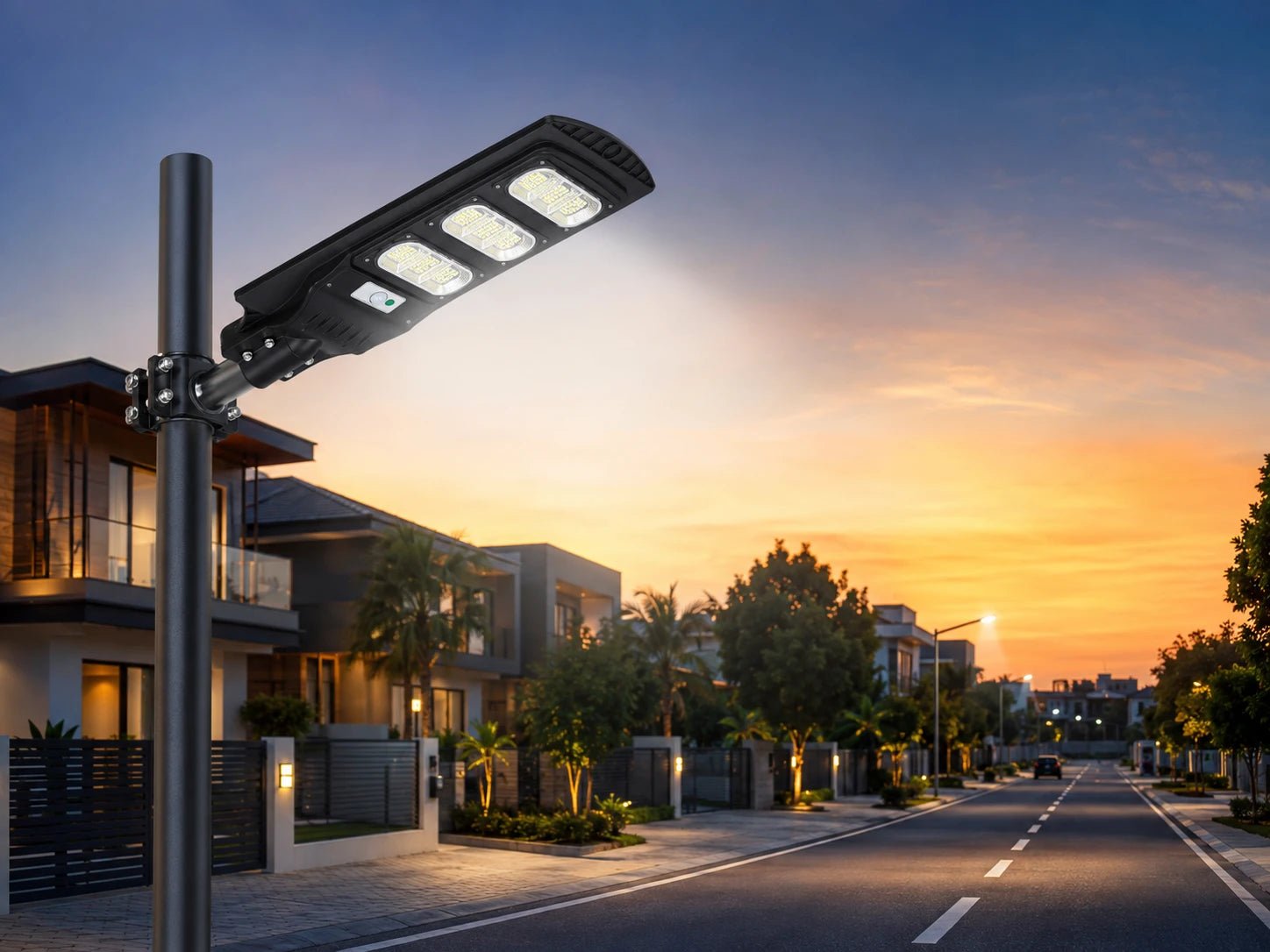 A modern solar-powered street light mounted on a tall pole, casting a bright beam of light down a residential street at sunset, with houses and trees in the background.